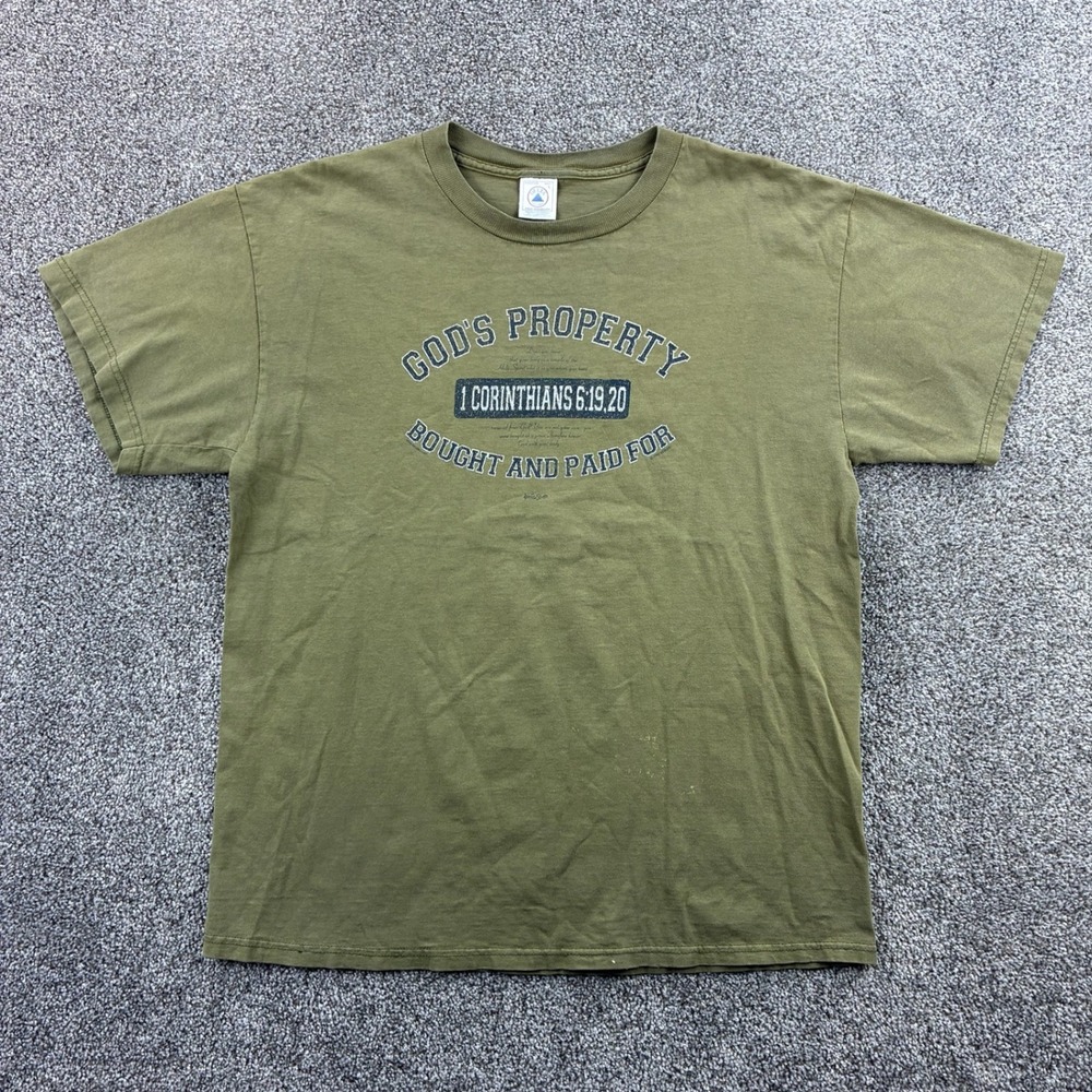 Vintage God's Property Shirt Mens Large Olive Green Jesus Corinthians 6:19-20